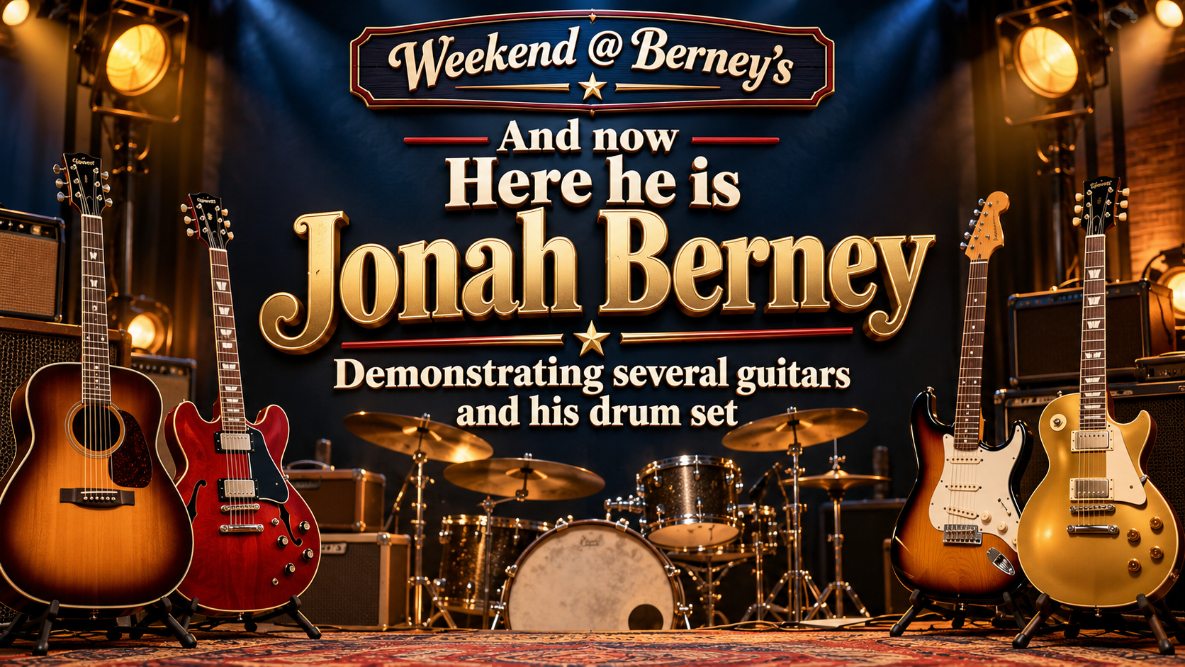 Jonah Berney demonstrating several guitars and his drum set on Weekend at Berney's